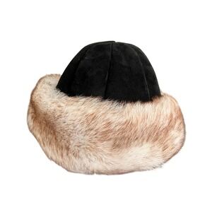 Rita Designs Genuine Shearling Leather Fur Trim Winter Hat Black Tan Handmade
